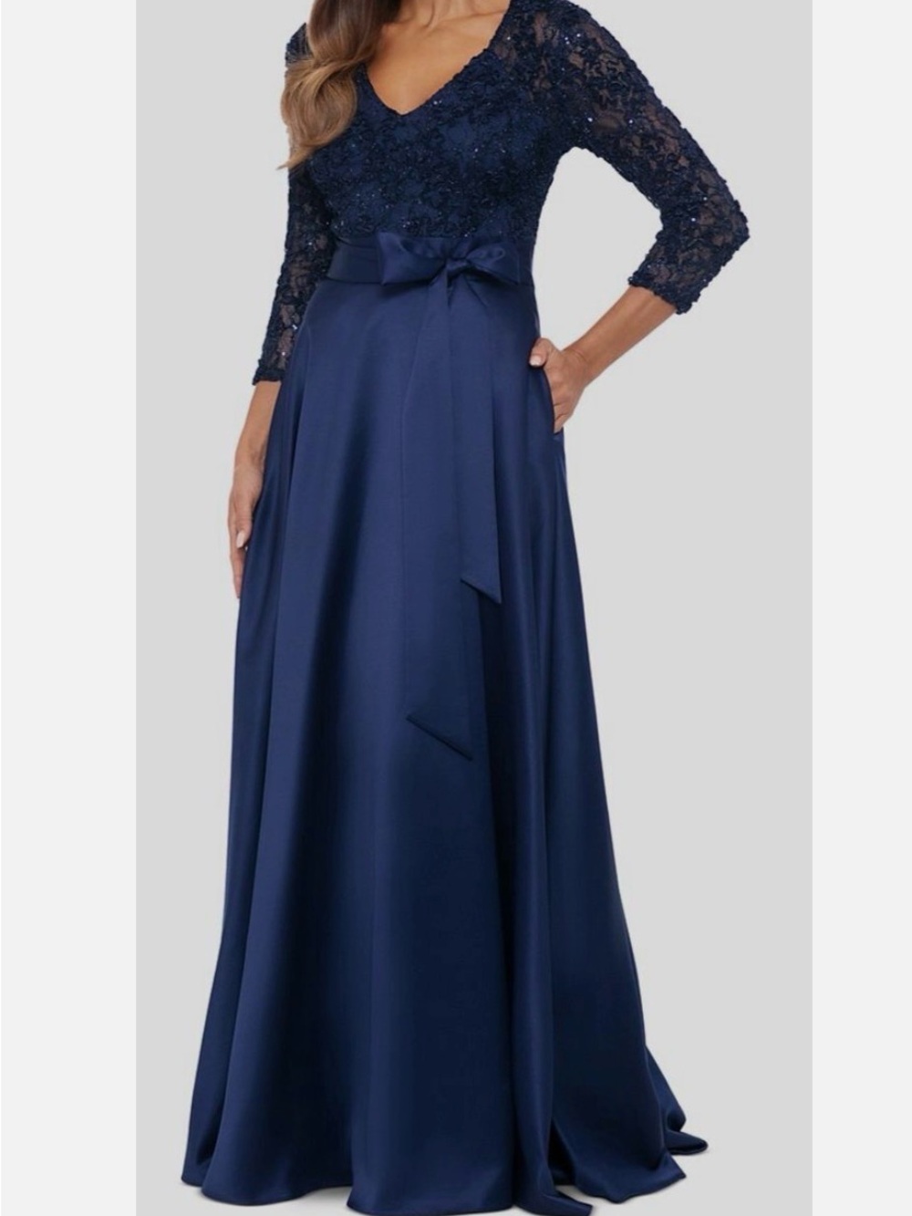 Xscape Navy Lace Bodice Satin A-Line Maxi Dress